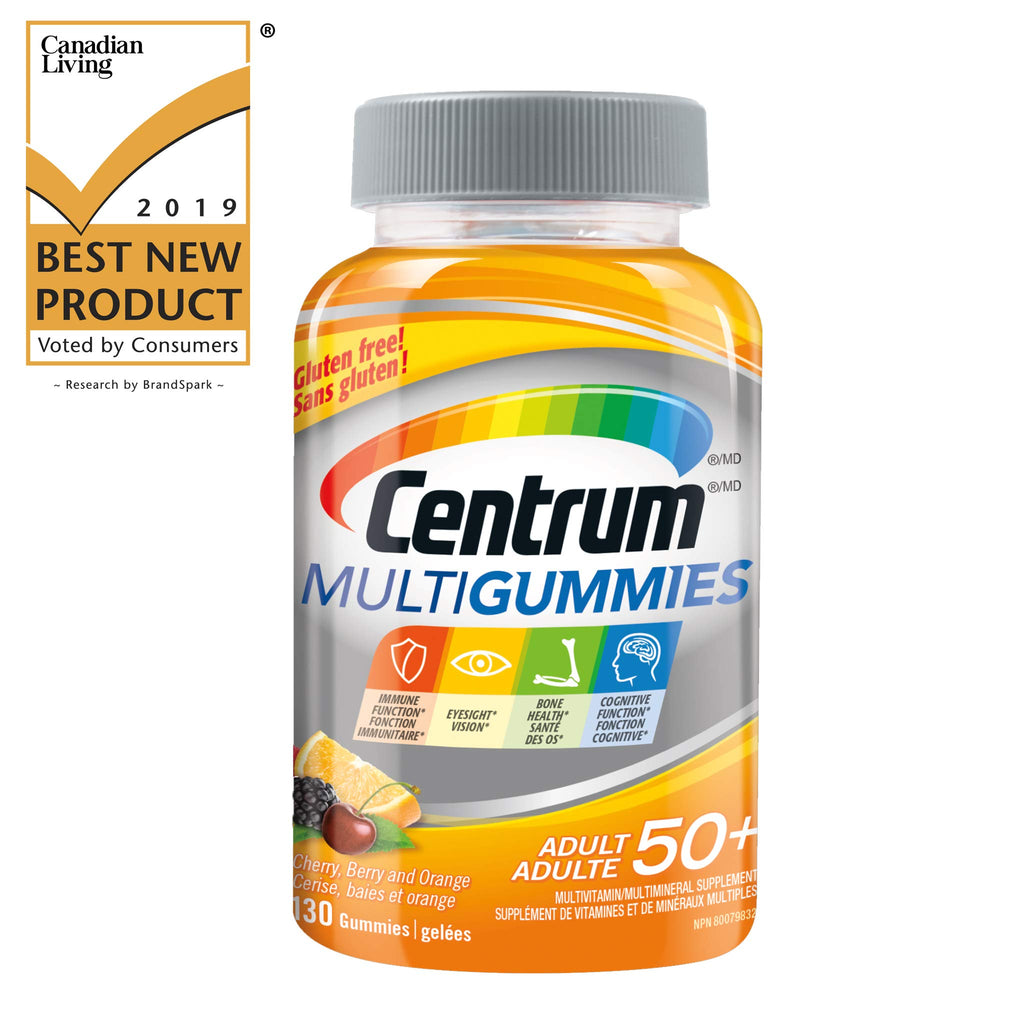 Centrum MultiGummies, Adult 50 Plus Multivitamins/Minerals Gummies for Men & Women 50+, Cherry, Berry, and Orange Flavour, 130 Gummies