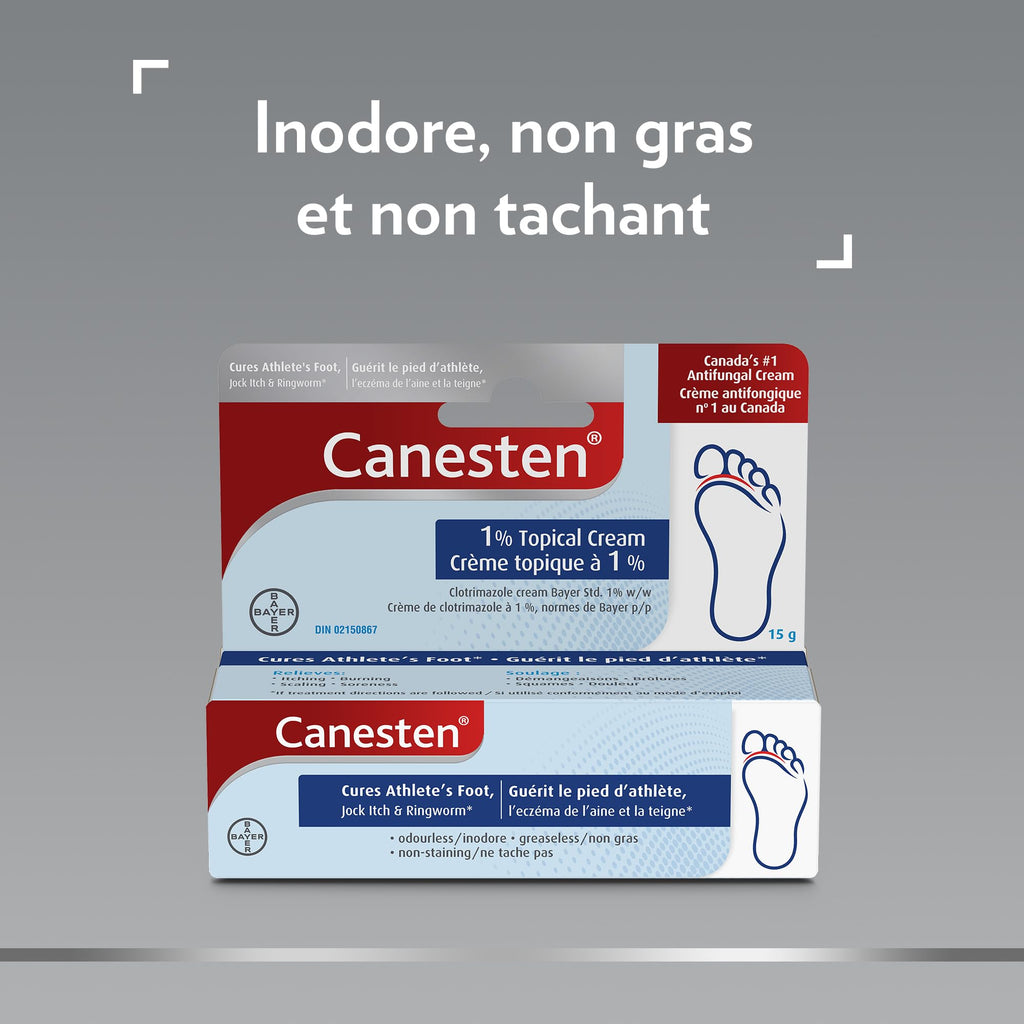 Canesten Antifungal Cream: Cures Athlete's Foot, Jock Itch, Ringworm; Relieves Itching, Burning, Scaling and Soreness: Odourless, Greaseless and Non-Staining; Medicated Clotrimazole Cream (15g)