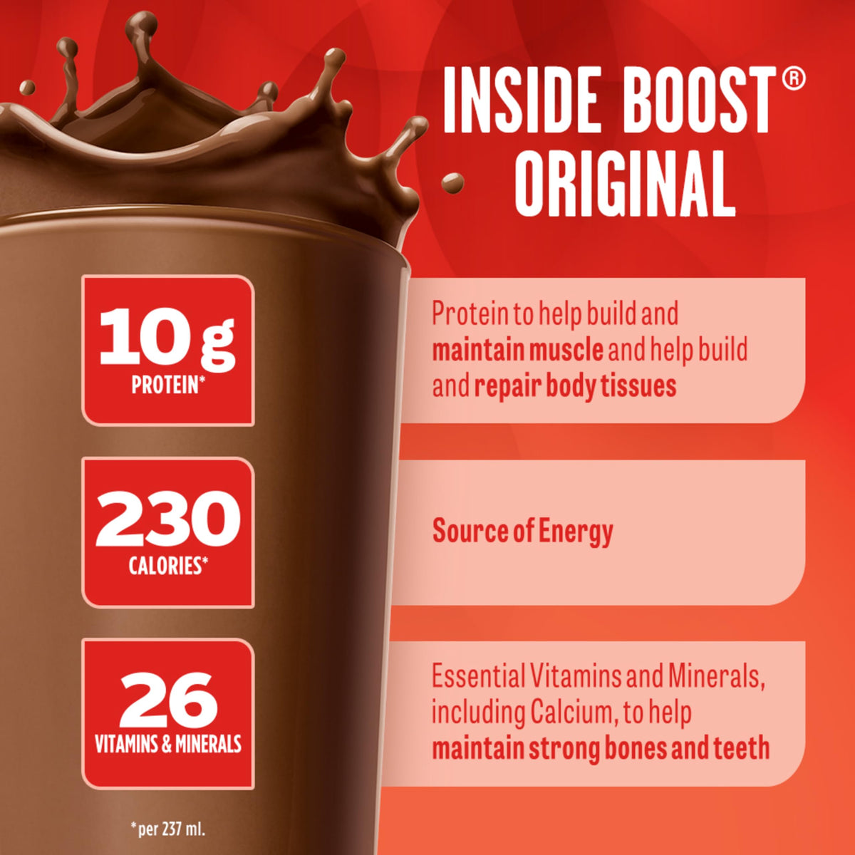 BOOST Original Meal Replacement Drink, Chocolate, 24 x 237 ml - PACKAGING MAY VARY