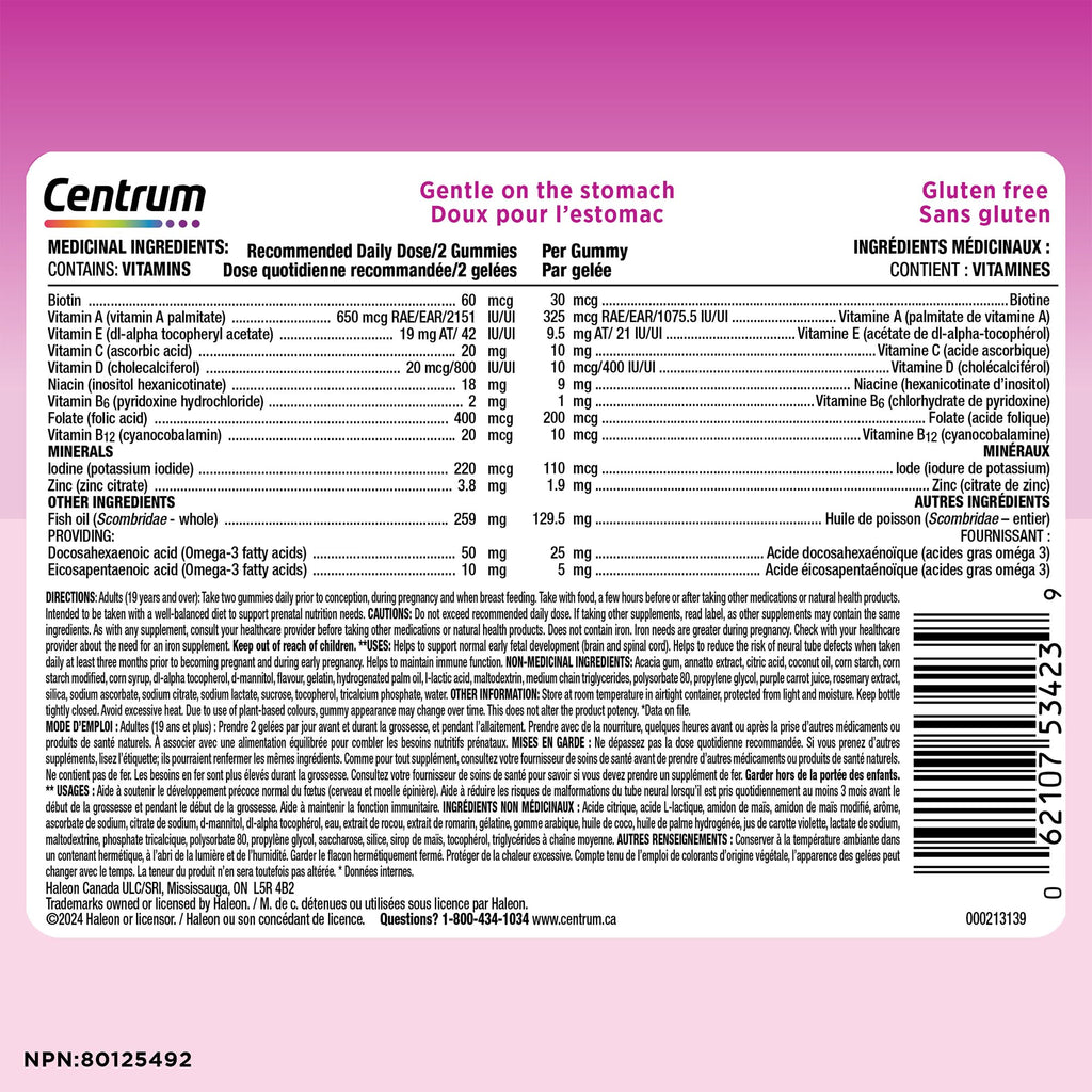 Centrum Prenatal Multigummies with DHA and Folic Acid, Postpartum Multivitamin and Mineral Supplement, 60 count, 30 day supply.