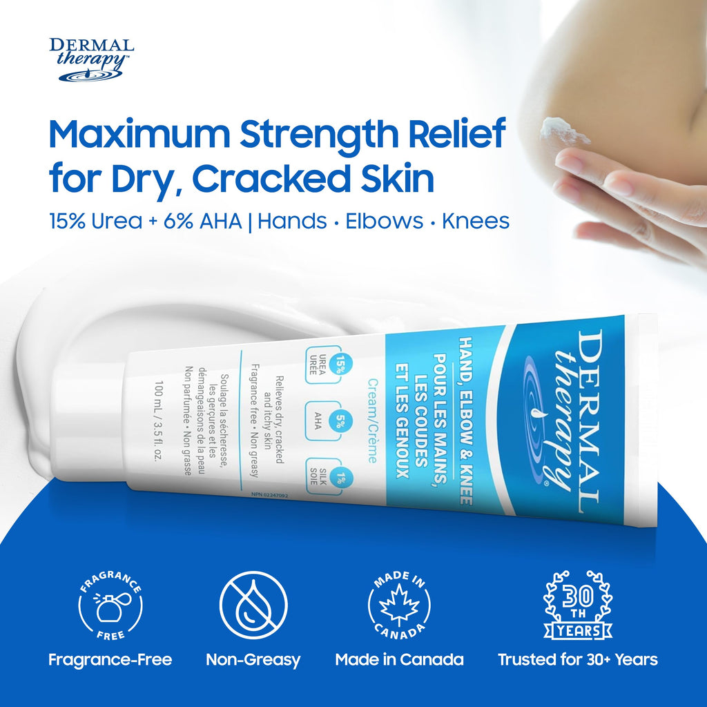 Dermal Therapy Hand Elbow & Knee Cream with 15% Urea and 6% AHA – Hydrating and Exfoliating Cream for Dry and Rough Skin, Fragrance Free Non Greasy Formula for Hands Elbows Knees and Feet, 3.5 fl oz