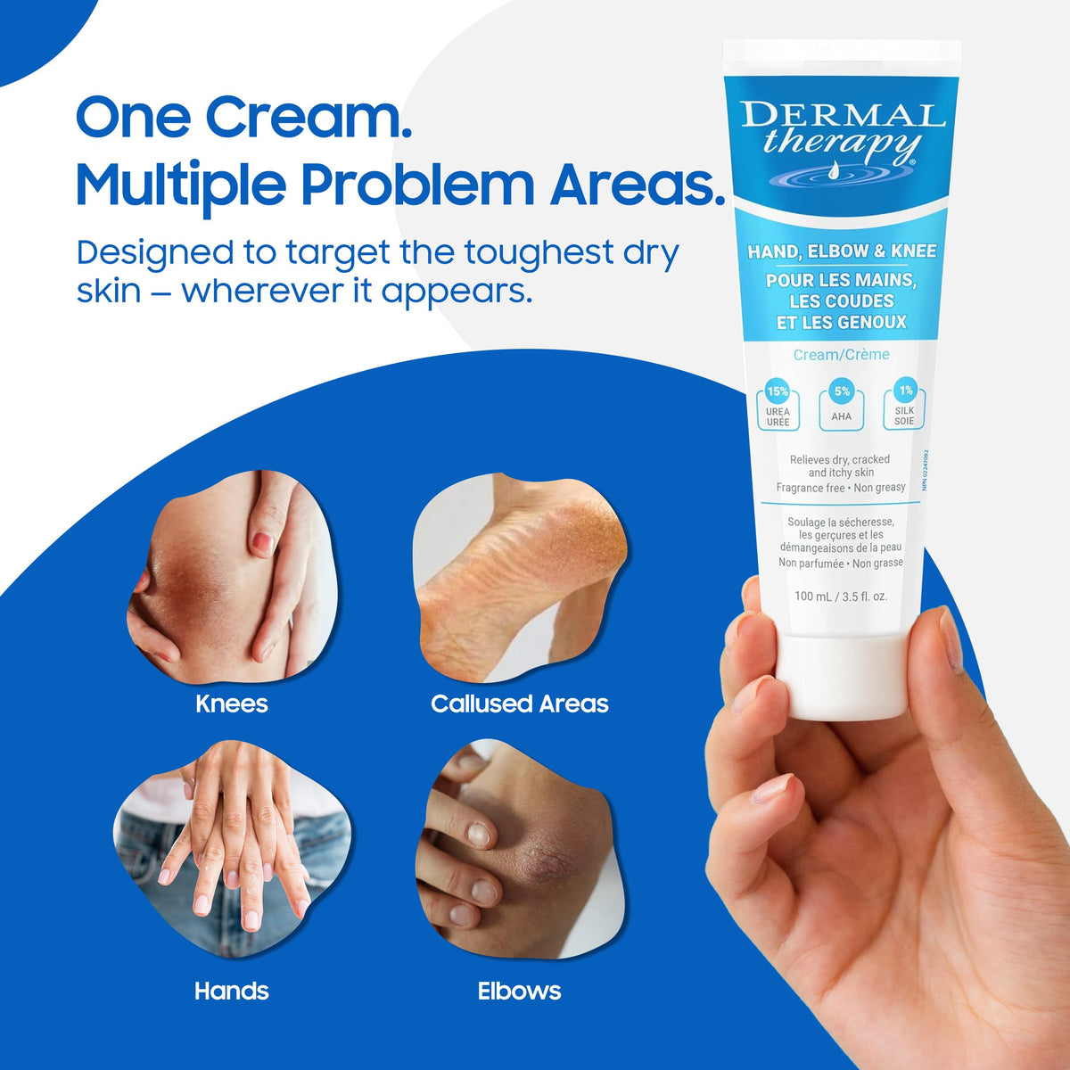 Dermal Therapy Hand Elbow & Knee Cream with 15% Urea and 6% AHA – Hydrating and Exfoliating Cream for Dry and Rough Skin, Fragrance Free Non Greasy Formula for Hands Elbows Knees and Feet, 3.5 fl oz