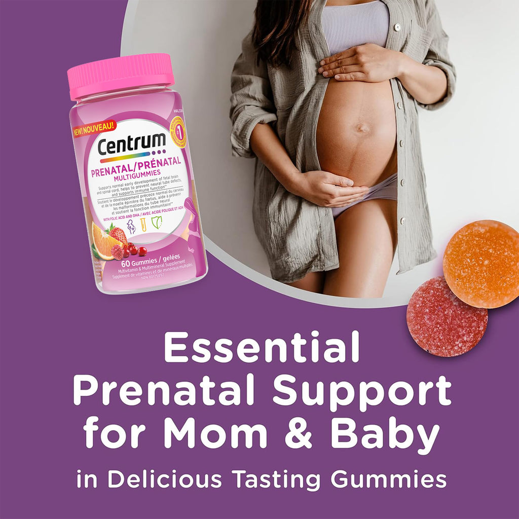 Centrum Prenatal Multigummies with DHA and Folic Acid, Postpartum Multivitamin and Mineral Supplement, 60 count, 30 day supply.