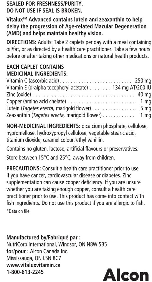 VITALUX® Advanced, Ocular Multivitamin, Age-Related Macular Degeneration Supplement with AREDS 2, AMD, 60 Coated Caplets
