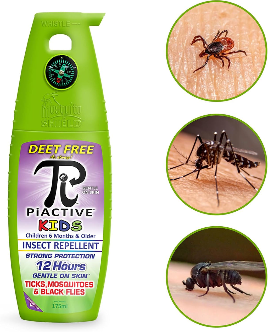 MOSQUITO SHIELD - PIACTIVE™ Kids 100% Deet Free, 12 Hours of Protection, Bug Repellent for Mosquitoes, Ticks, Black Flies, and More, 175ml, Bug Spray, Pump Fight The Bite!™
