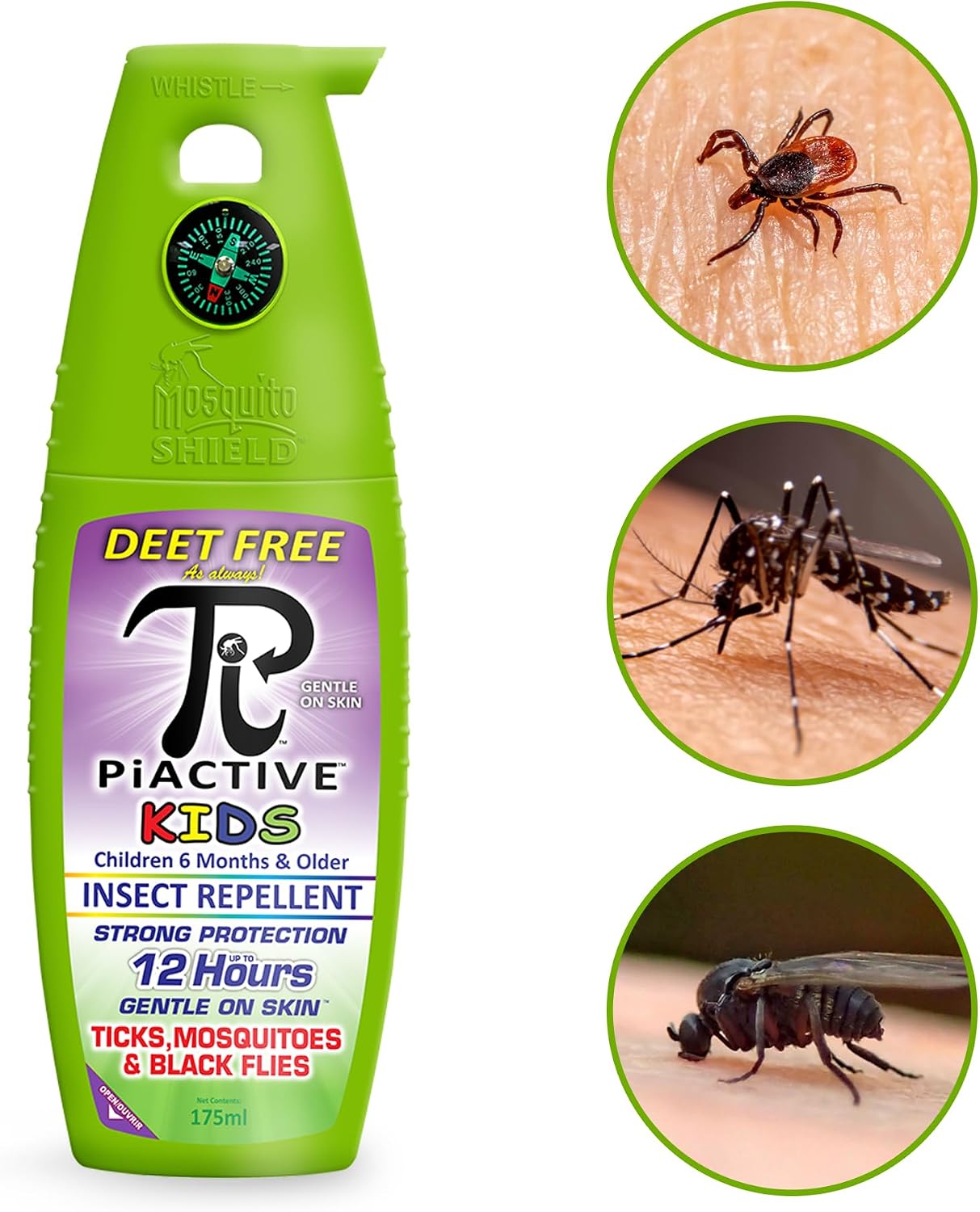 MOSQUITO SHIELD - PIACTIVE™ Kids 100% Deet Free, 12 Hours of Protection, Bug Repellent for Mosquitoes, Ticks, Black Flies, and More, 175ml, Bug Spray, Pump Fight The Bite!™