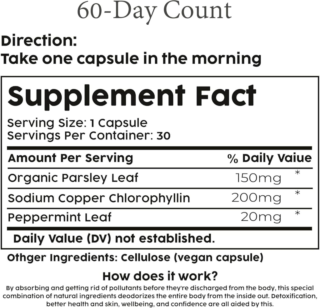 Internal Deodorant Supplement | Natural Chlorophyll 60 Capsules for Body Odor Control, Gut Health, and Fresh Breath | Vegan, Detox Support, & Skin Health | Odor Eliminator for Men & Women