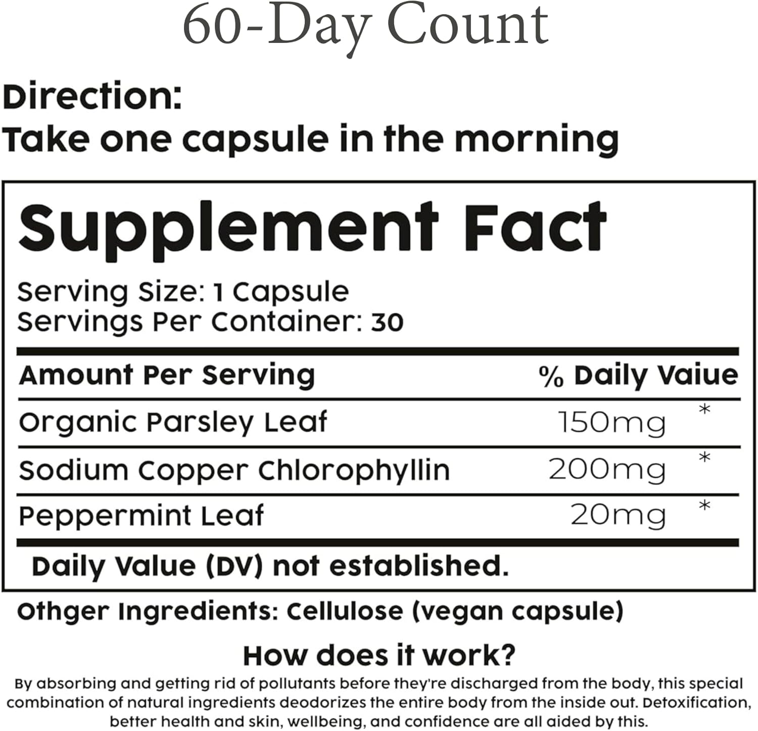 Internal Deodorant Supplement | Natural Chlorophyll 60 Capsules for Body Odor Control, Gut Health, and Fresh Breath | Vegan, Detox Support, & Skin Health | Odor Eliminator for Men & Women
