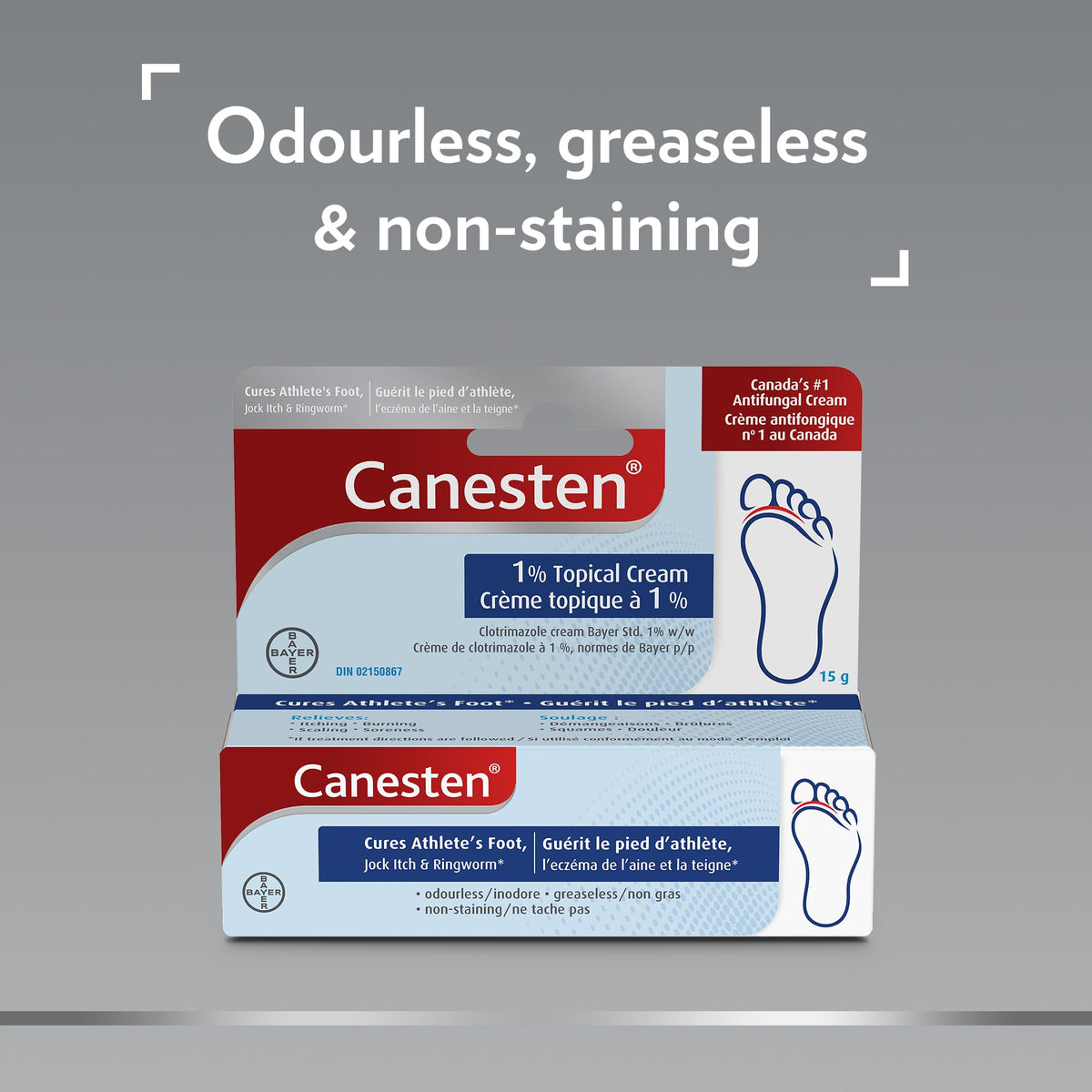 Canesten Antifungal Cream: Cures Athlete's Foot, Jock Itch, Ringworm; Relieves Itching, Burning, Scaling and Soreness: Odourless, Greaseless and Non-Staining; Medicated Clotrimazole Cream (15g)