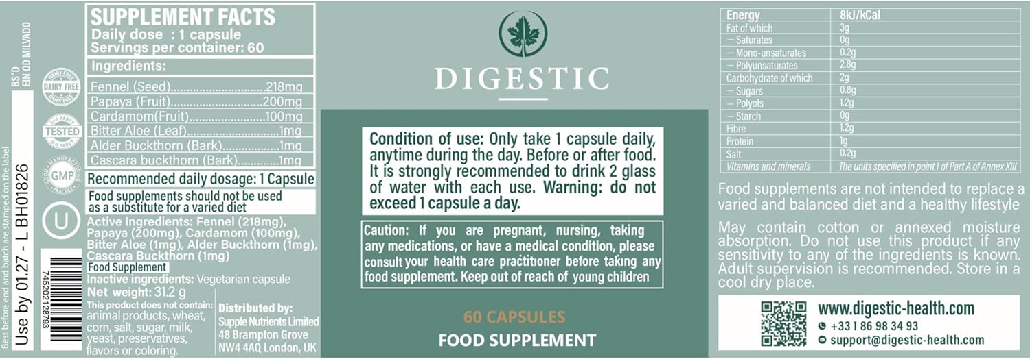 Digestic - Laxative for Constipation Relief, Stool Softener 100% Natural, 60 Capsules, Colon Detox Cleanse, Bloating and Gas Relief