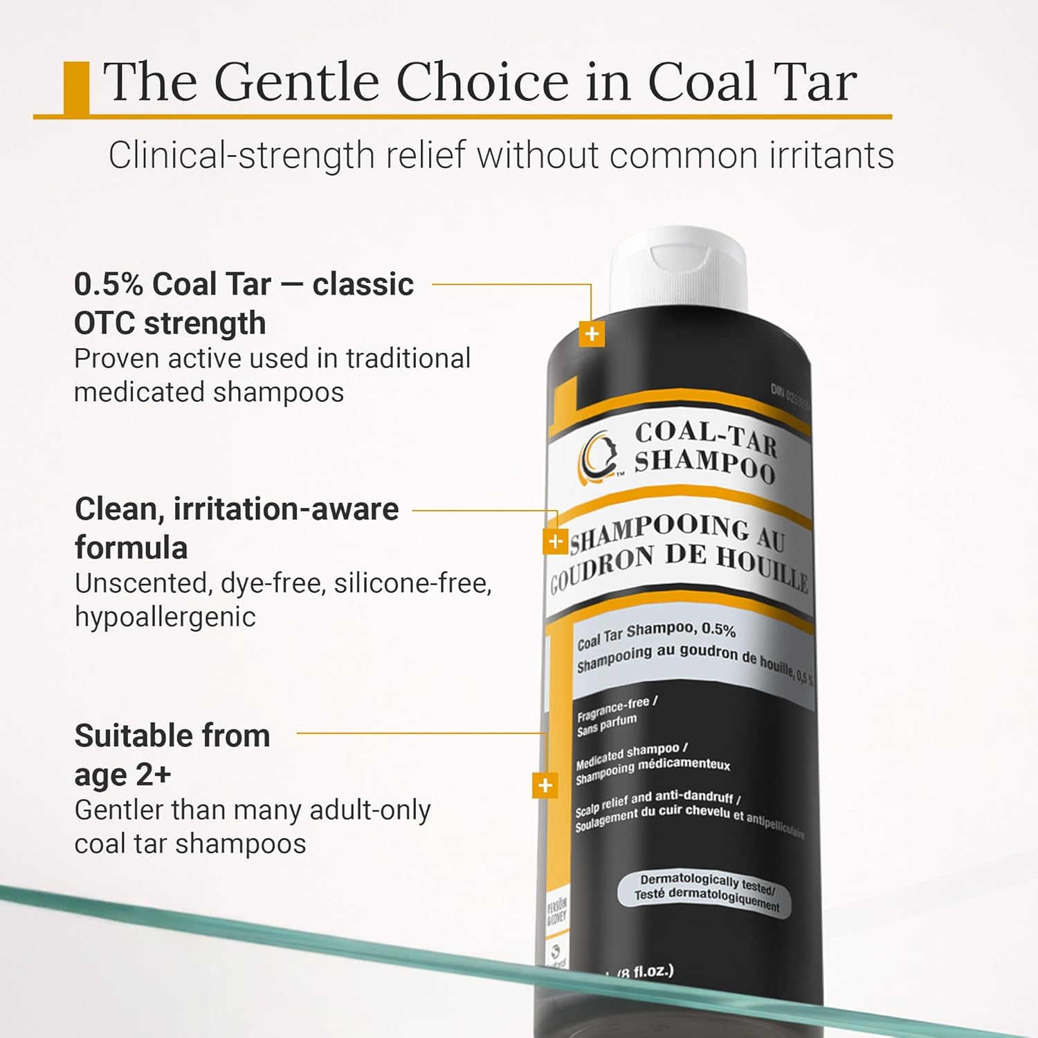 Coal Tar Shampoo 0.5% Natural Coal Tar - Dandruff Shampoo for Itchy Flaky Scalp - Hypoallergenic, HRIPT Tested - PABA and Silicone Free - All Ages 2+ - 240ml (8oz)