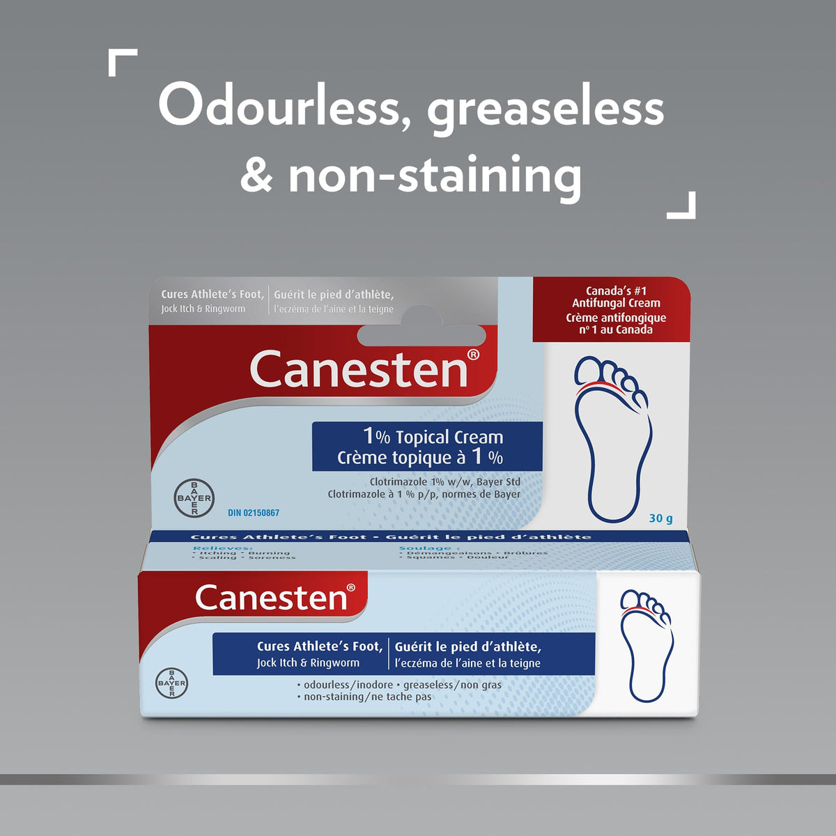 Canesten Antifungal Cream: Cures Athlete's Foot, Jock Itch, Ringworm; Relieves Itching, Burning, Scaling and Soreness: Odourless, Greaseless and Non-Staining; Medicated Clotrimazole Cream (30g)
