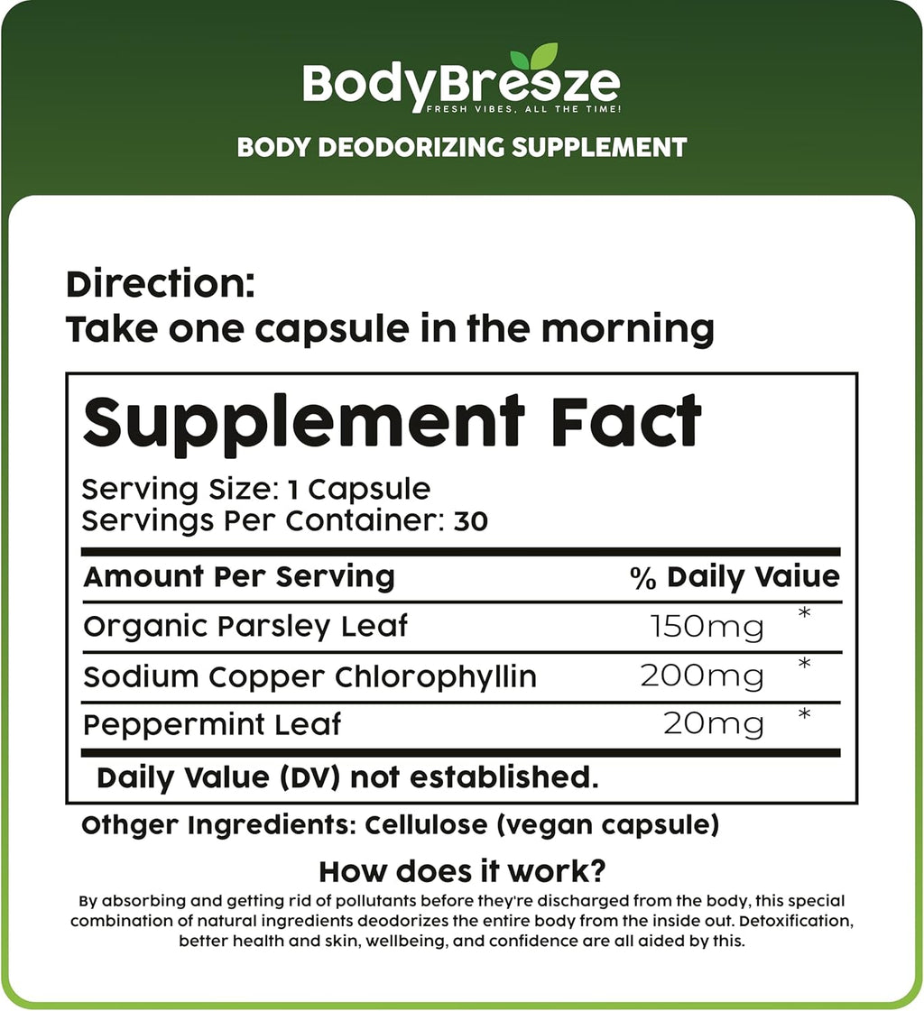 Internal Deodorant Supplement | Natural Chlorophyll 30 Capsules for Body Odor Control, Gut Health, and Fresh Breath | Vegan, Detox Support, & Skin Health | Odor Eliminator for Men & Women