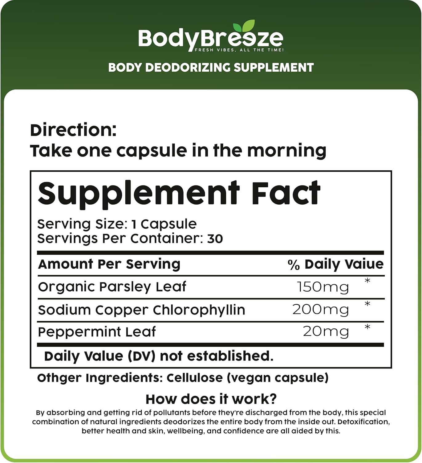 Internal Deodorant Supplement | Natural Chlorophyll 30 Capsules for Body Odor Control, Gut Health, and Fresh Breath | Vegan, Detox Support, & Skin Health | Odor Eliminator for Men & Women