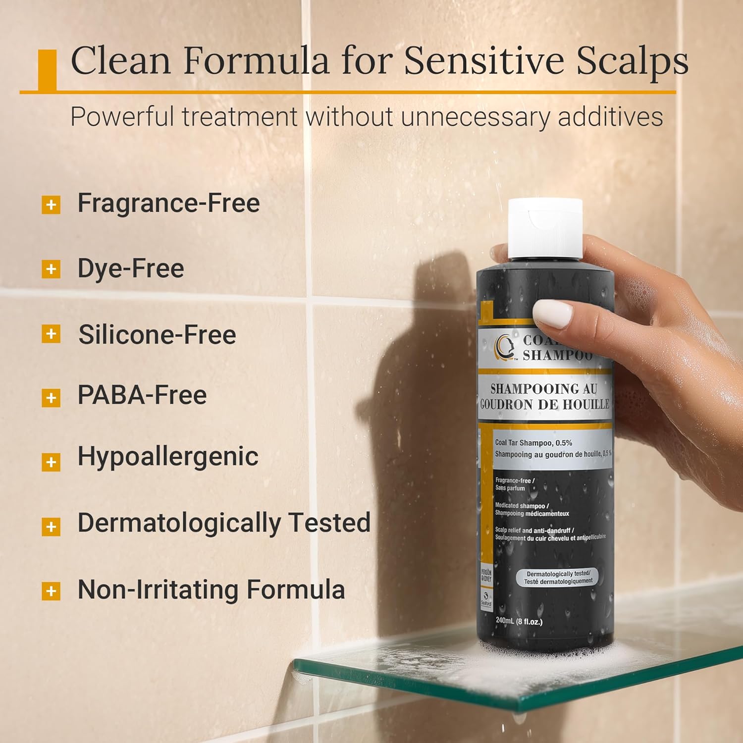 Coal Tar Shampoo 0.5% Natural Coal Tar - Dandruff Shampoo for Itchy Flaky Scalp - Hypoallergenic, HRIPT Tested - PABA and Silicone Free - All Ages 2+ - 240ml (8oz)