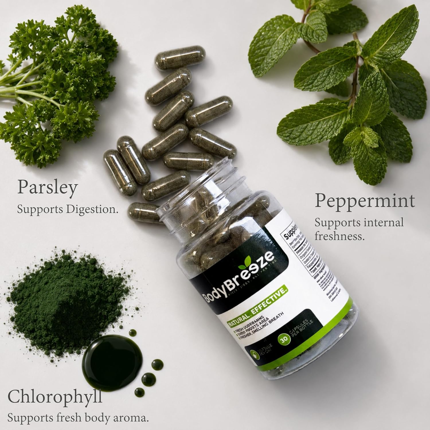 Internal Deodorant Supplement | Natural Chlorophyll 60 Capsules for Body Odor Control, Gut Health, and Fresh Breath | Vegan, Detox Support, & Skin Health | Odor Eliminator for Men & Women