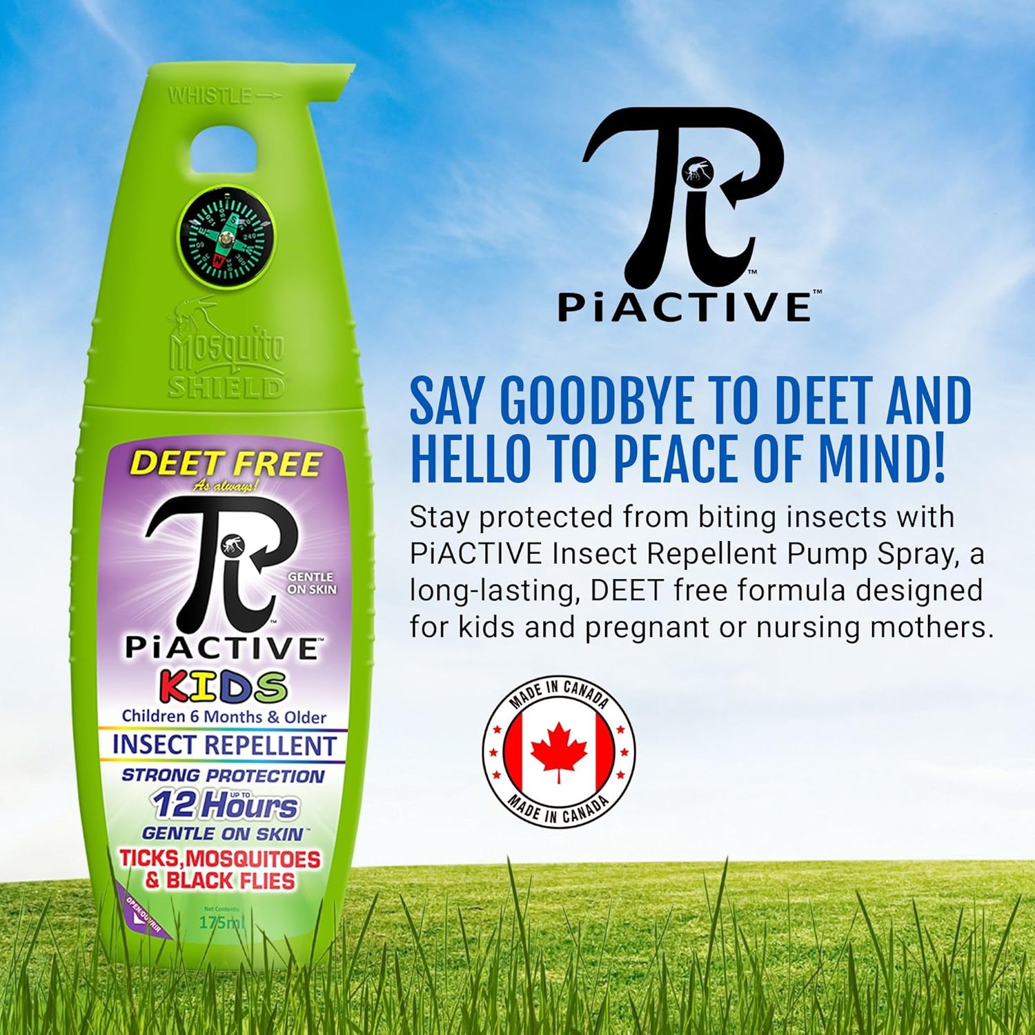 MOSQUITO SHIELD - PIACTIVE™ Kids 100% Deet Free, 12 Hours of Protection, Bug Repellent for Mosquitoes, Ticks, Black Flies, and More, 175ml, Bug Spray, Pump Fight The Bite!™