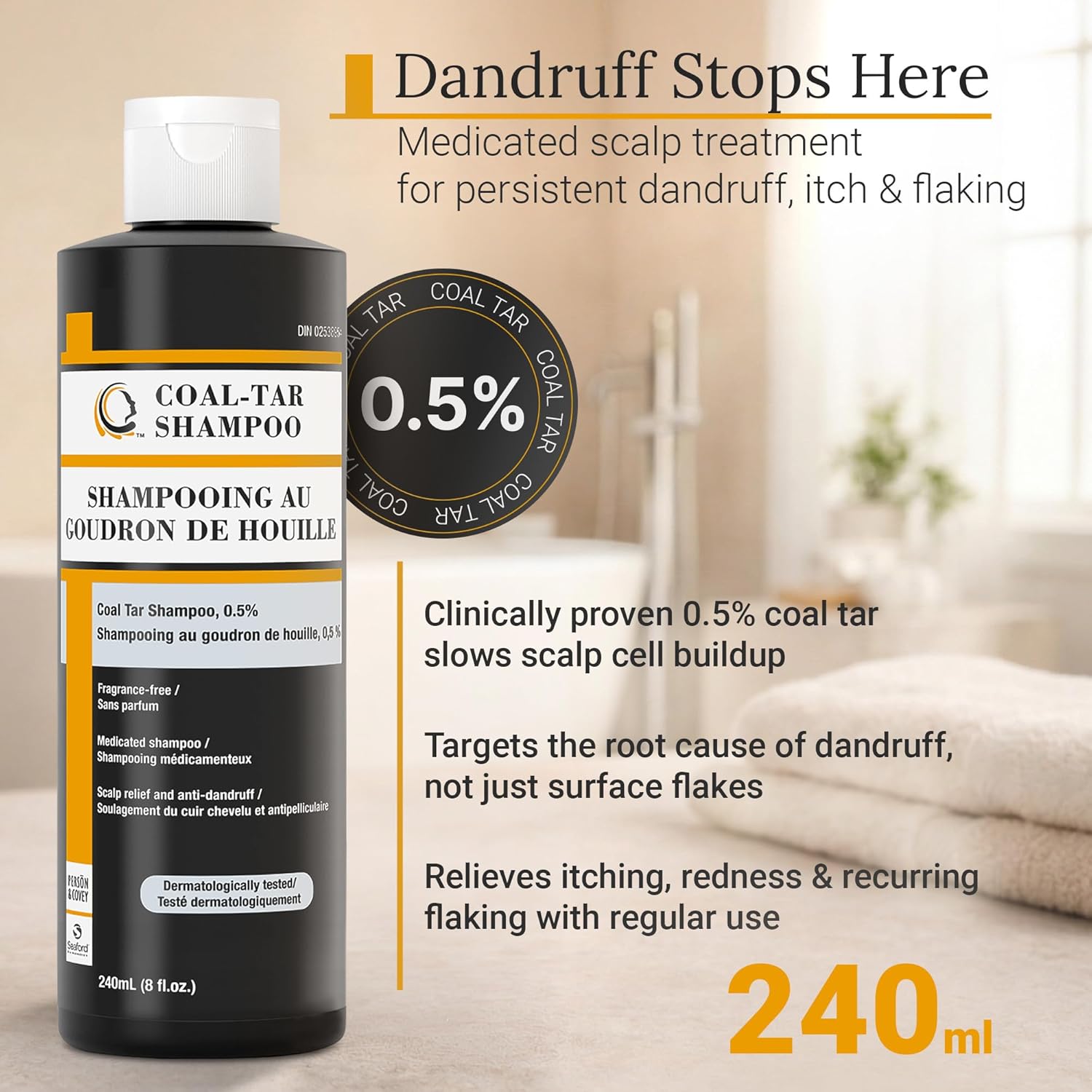 Coal Tar Shampoo 0.5% Natural Coal Tar - Dandruff Shampoo for Itchy Flaky Scalp - Hypoallergenic, HRIPT Tested - PABA and Silicone Free - All Ages 2+ - 240ml (8oz)