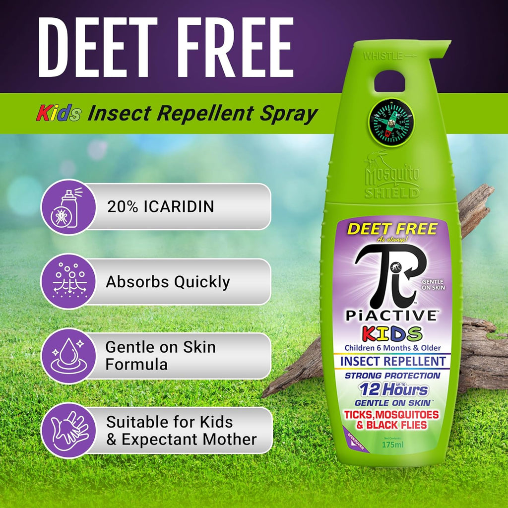 MOSQUITO SHIELD - PIACTIVE™ Kids 100% Deet Free, 12 Hours of Protection, Bug Repellent for Mosquitoes, Ticks, Black Flies, and More, 175ml, Bug Spray, Pump Fight The Bite!™