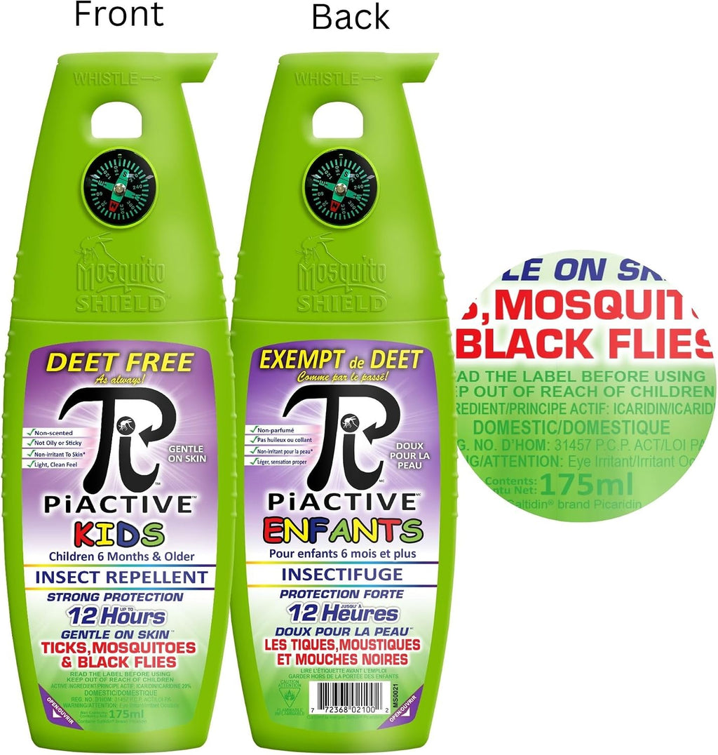 MOSQUITO SHIELD - PIACTIVE™ Kids 100% Deet Free, 12 Hours of Protection, Bug Repellent for Mosquitoes, Ticks, Black Flies, and More, 175ml, Bug Spray, Pump Fight The Bite!™