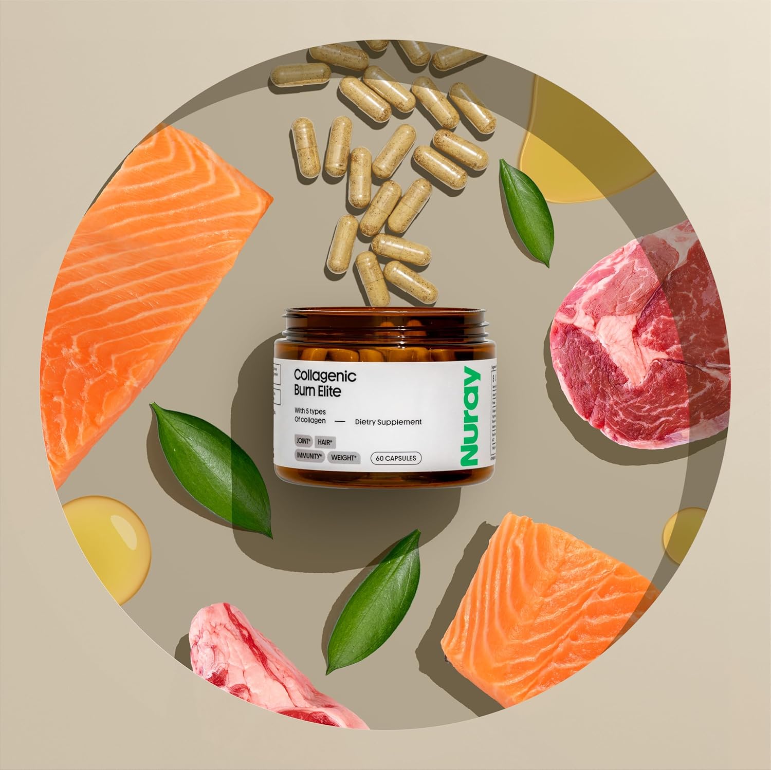 Nuray Collagenic Burn Elite with Green Tea - Collagen Peptides- 60 Capsules | Collagen Burn with 5 Types of Collagen for Healthy Hair, Skin, Nails, Joints, Metabolism Boost & Energy