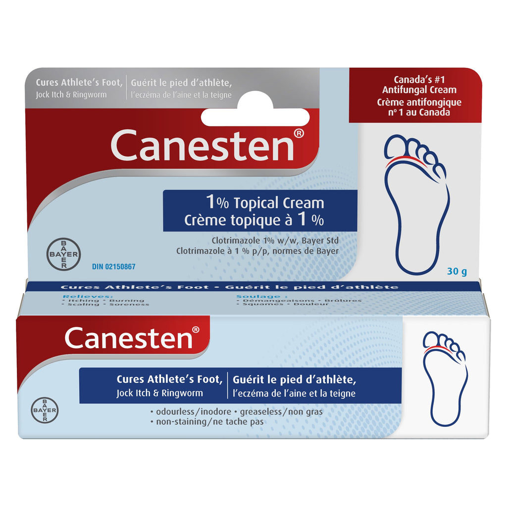 Canesten Antifungal Cream: Cures Athlete's Foot, Jock Itch, Ringworm; Relieves Itching, Burning, Scaling and Soreness: Odourless, Greaseless and Non-Staining; Medicated Clotrimazole Cream (30g)